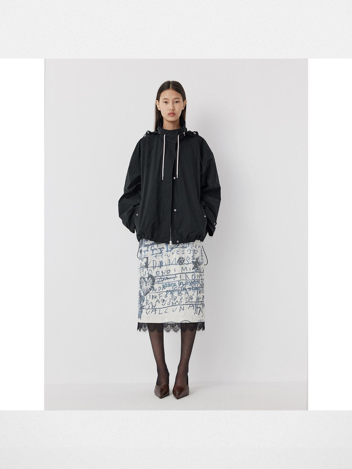 RandomPiece Stowable Hood Triacetate Jacket in Black - On Model