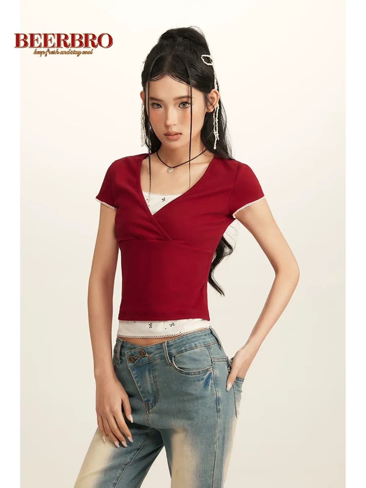 BeerBro Surplice Top Cami Set in Red - On Model