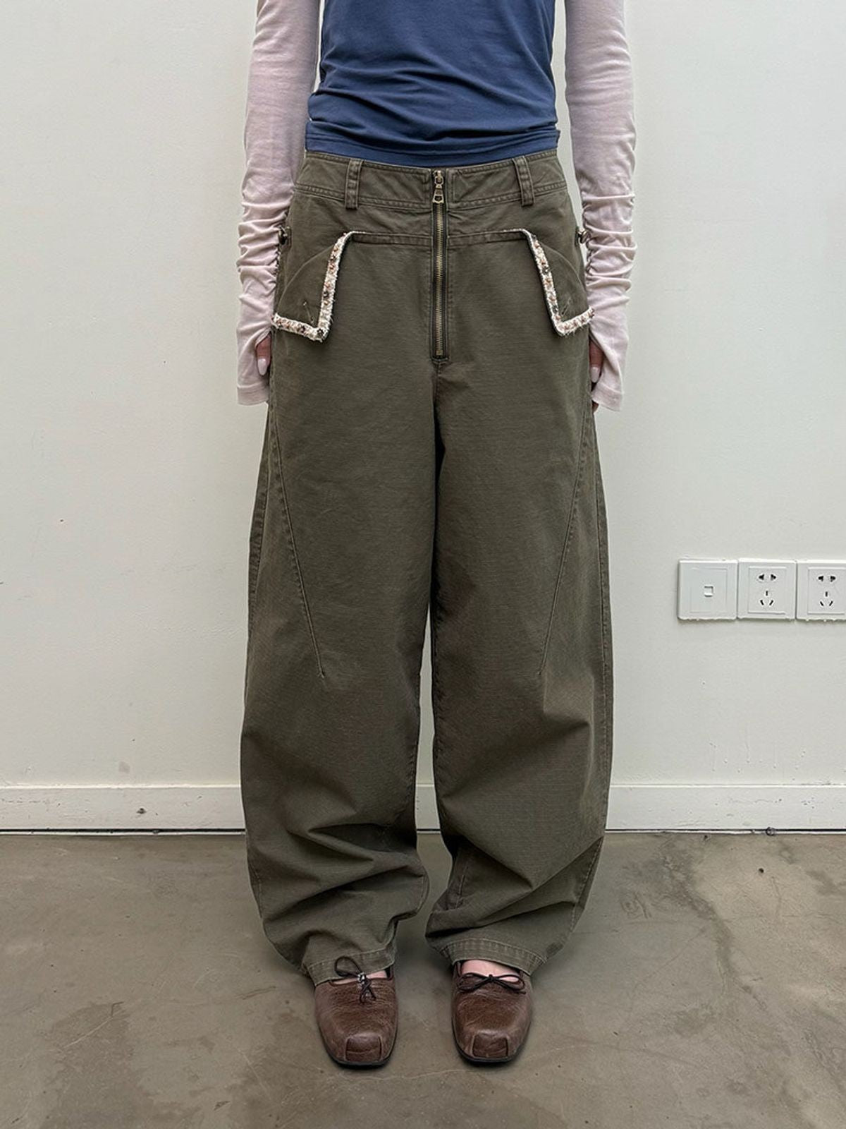 NeverSeez Washed Cotton Beaded Cargo Pants in Olive - On Model