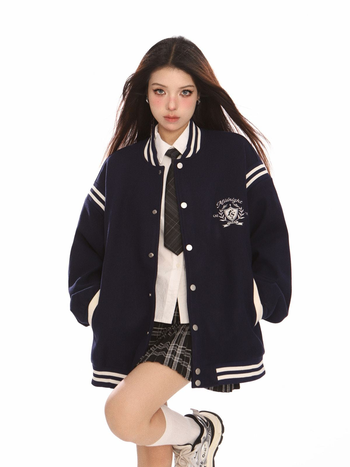 BIGGOLD STUDIO Retro Stand Collar Varsity Jacket in Navy Blue - On Model #color_navy-blue