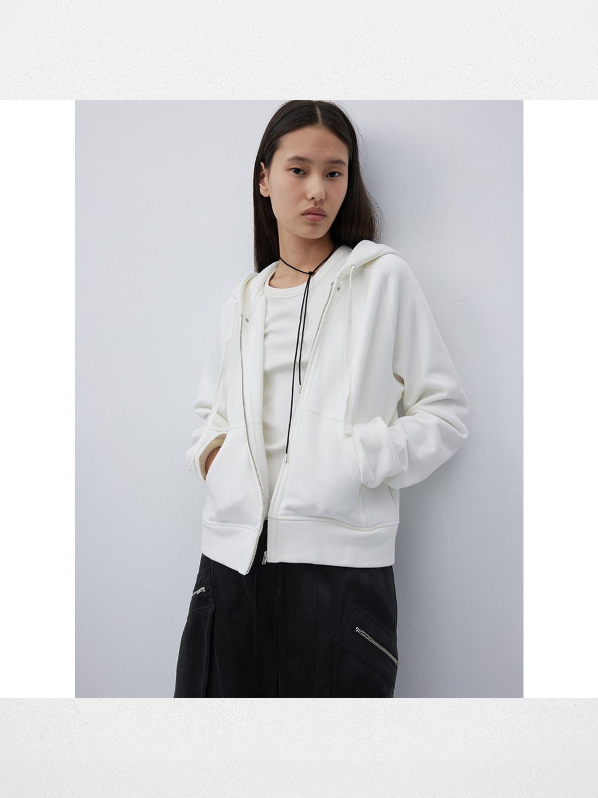 RandomPiece Cropped Cotton Zip Up Hoodie in White - On Model