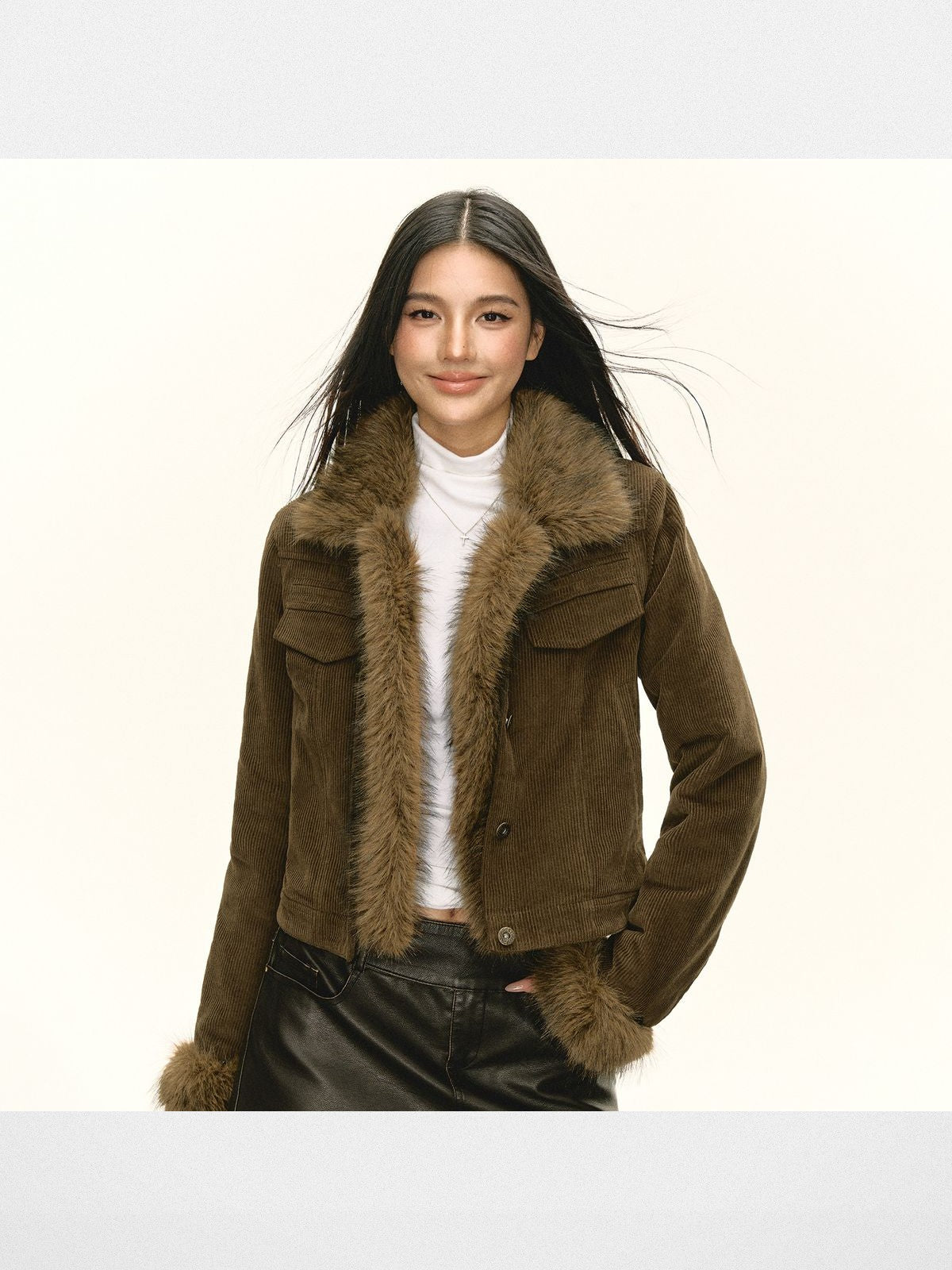 Ariseism Faux Fur Trimmed Corduroy Jacket in Green - On Model