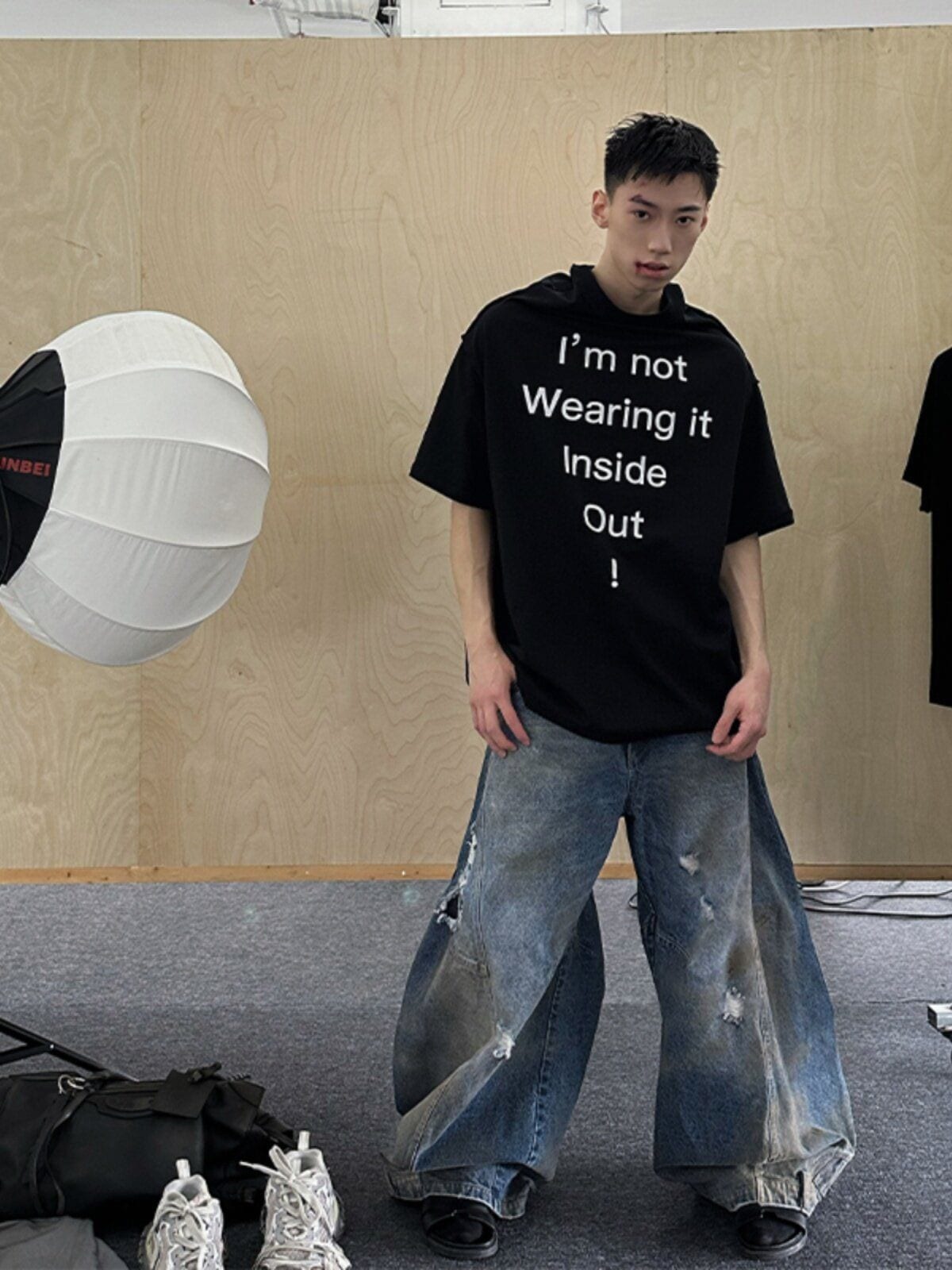 Triangle Project Distressed Dirty Dye Patchwork Jeans in Denim - On Male Model