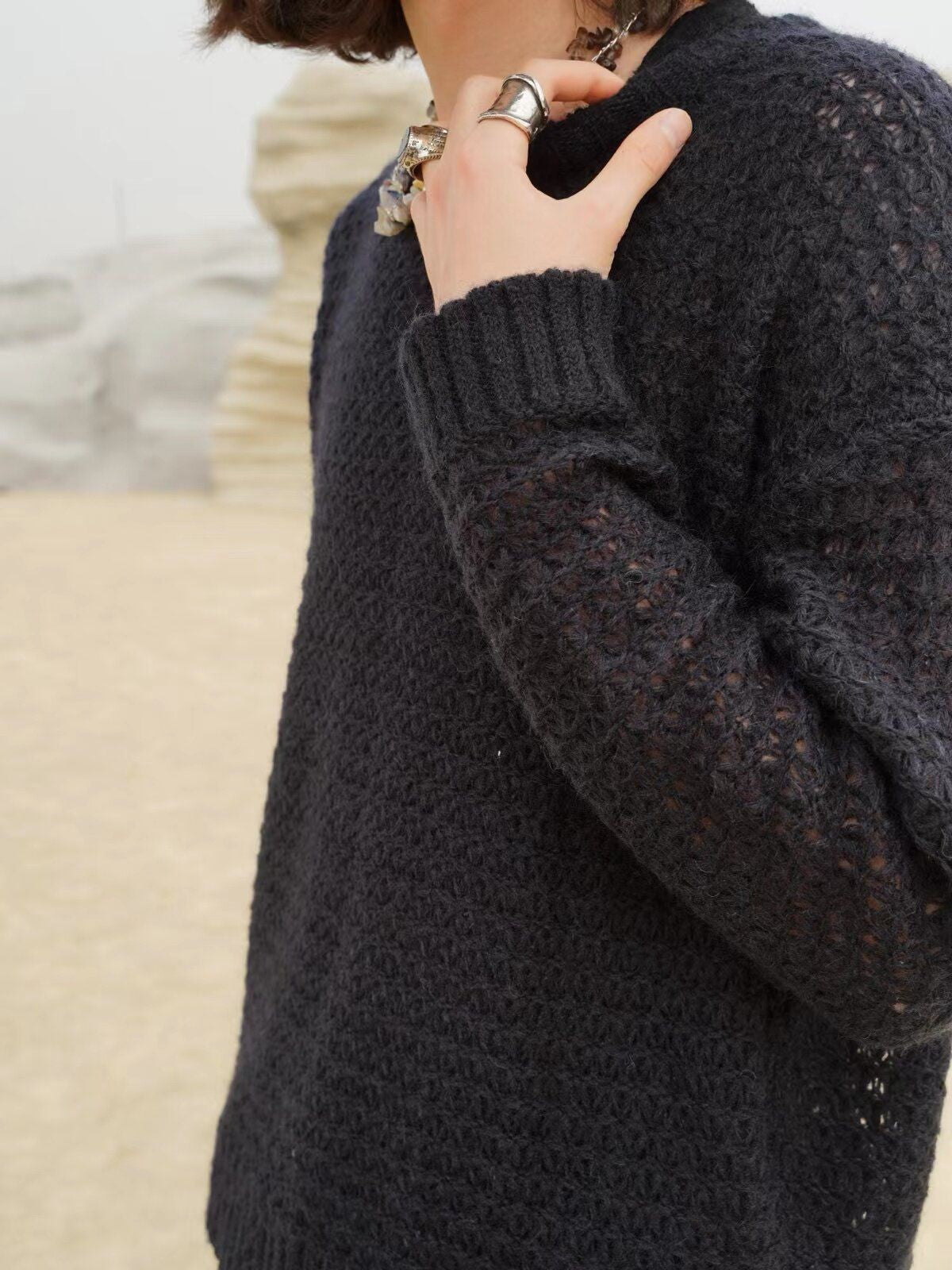 Retro 21 Hollow Knit Wool Mohair Sweater in Black - Detail