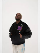 MEDM Wool Blend Varsity Jacket in Black - On Model