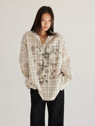 THELIGHT OFFICIAL Oversized Plaid Graphic Shirt in Off-White - On Model