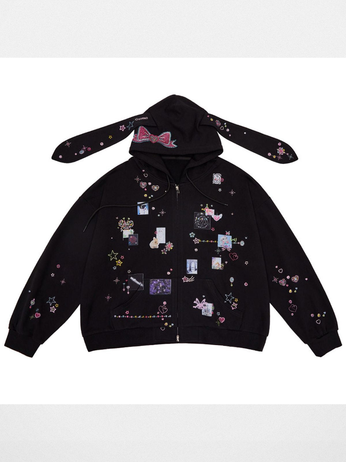 CFIERCE Bunny Ear Rhinestone Zip Hoodie in Black