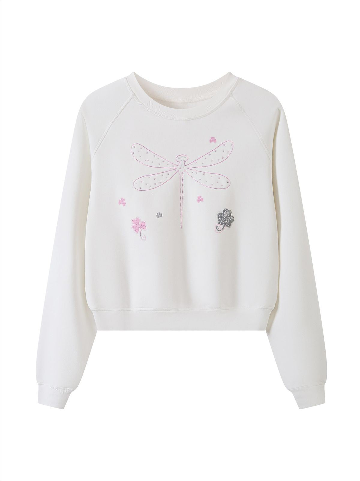 THELIGHT OFFICIAL Rhinestone Dragonfly Raglan Sweatshirt in White