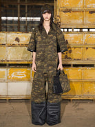 BLINDNOPLAN Camo Spliced Faux Leather Shirt in Olive - On Model