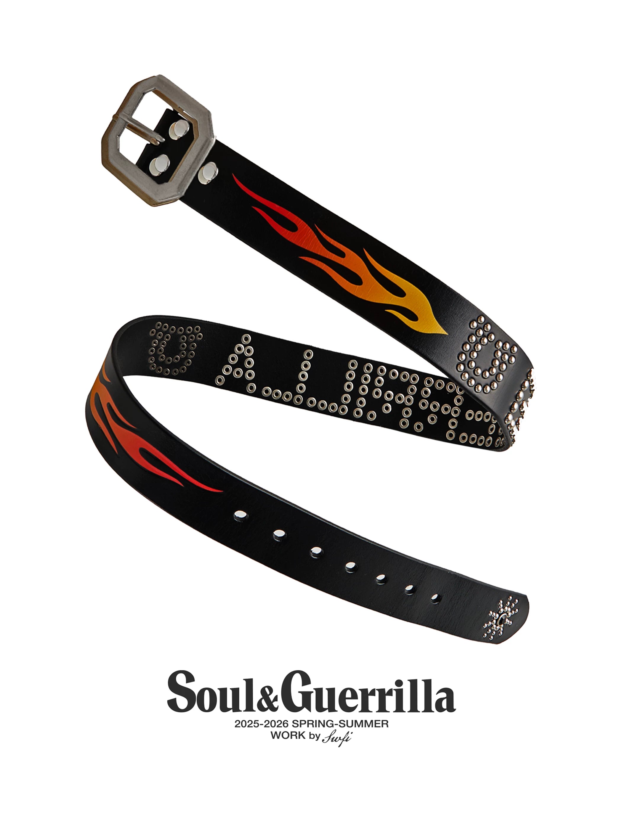 SWFI Flame Carved Studded Leather Belt in Black