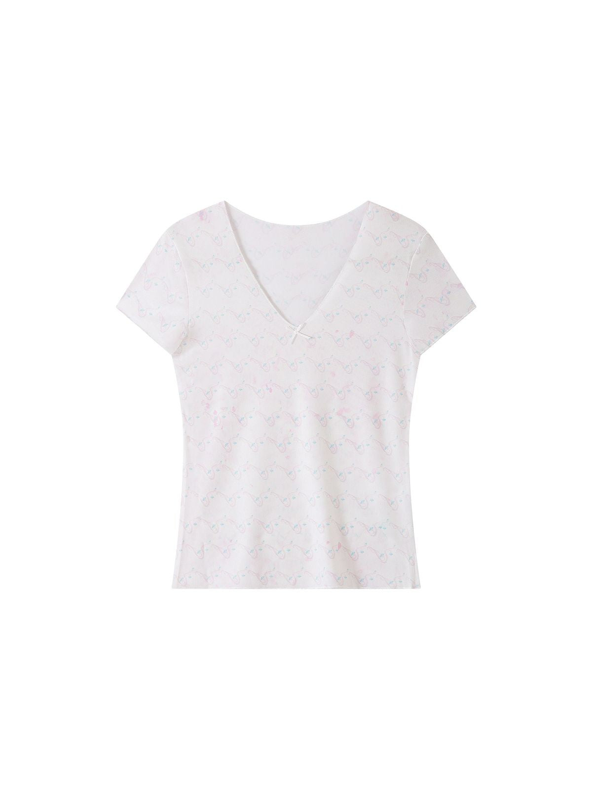THELIGHT OFFICIAL Textured V Neck Bow T Shirt in White