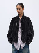 RandomPiece Distressed Corduroy Raglan Jacket in Black - On Model