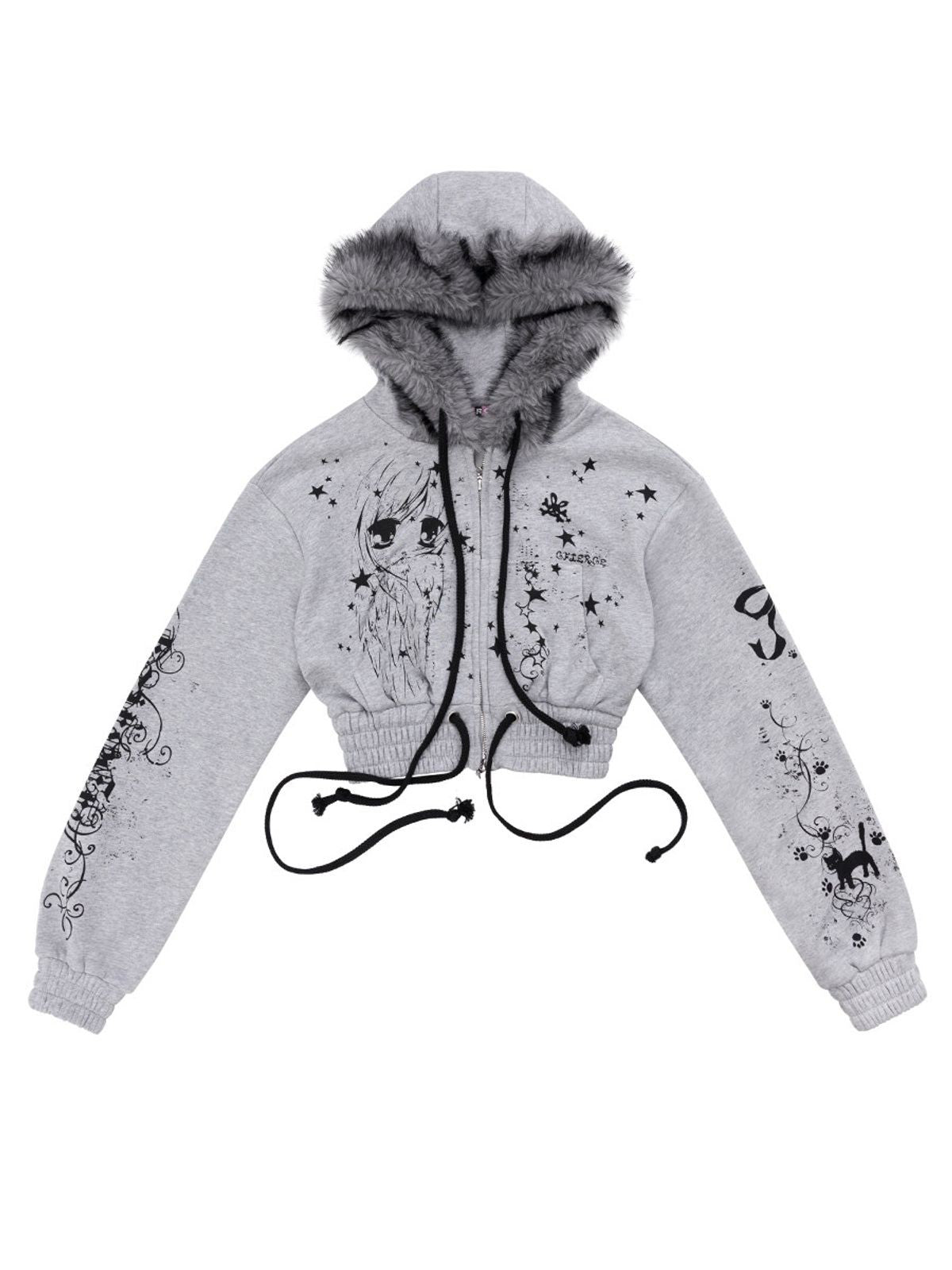 CFIERCE Angel Graffiti Fur Trim Cropped Hoodie in Gray