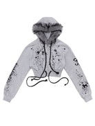 CFIERCE Angel Graffiti Fur Trim Cropped Hoodie in Gray