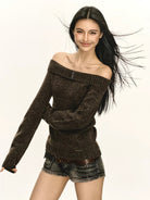 ARISEISM Folded Off Shoulder Knit Top in Coffee - On Model