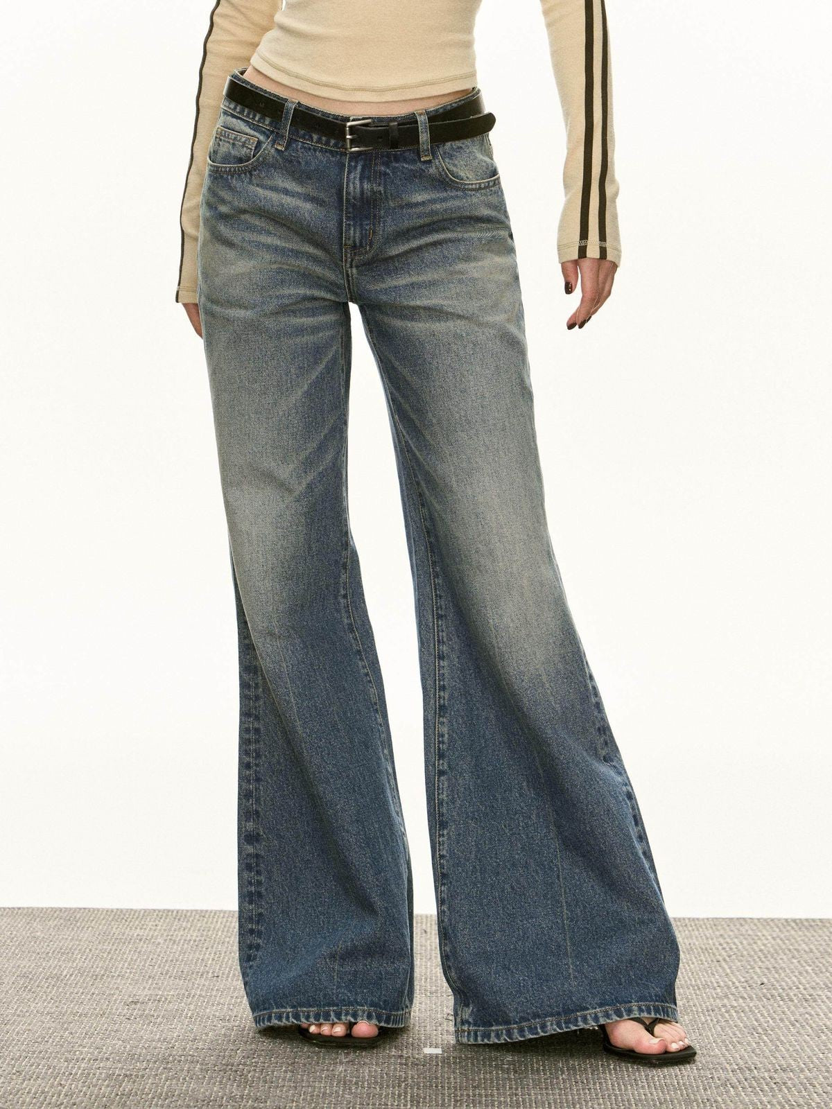 Ariseism Washed Blue Wide Leg Jeans in Blue - On Model