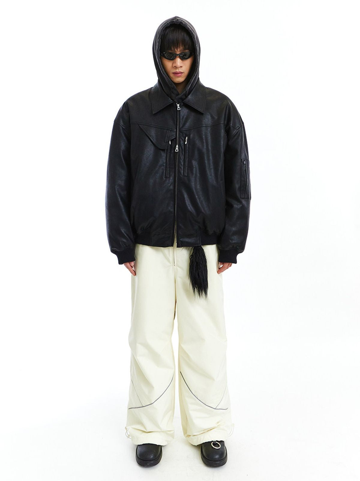 NeverSeez Leather Down Puffer Jacket in Black - On Male Model