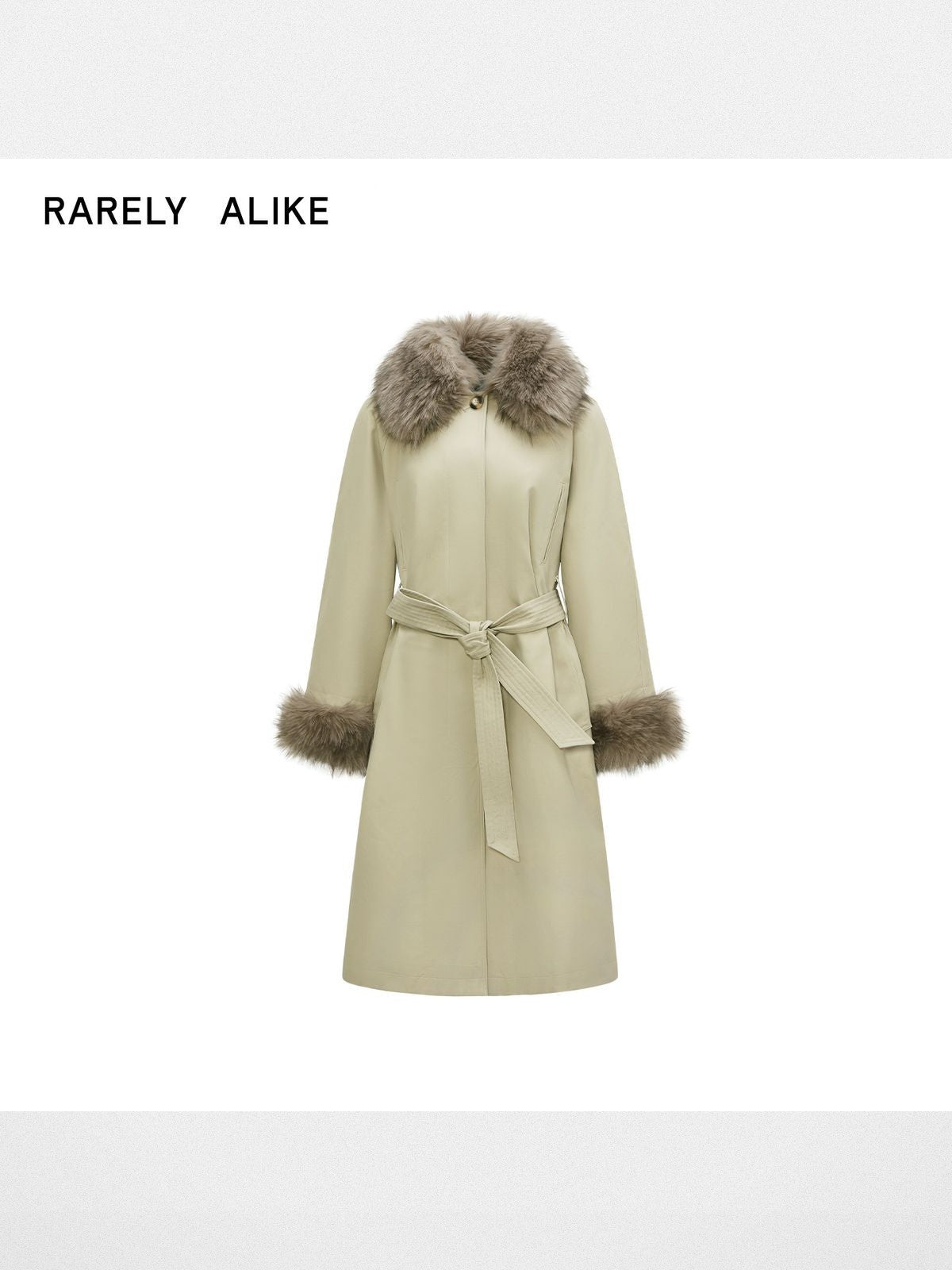 RARELY ALIKE Faux Fur Collar Belted Padded Trench in Khaki
