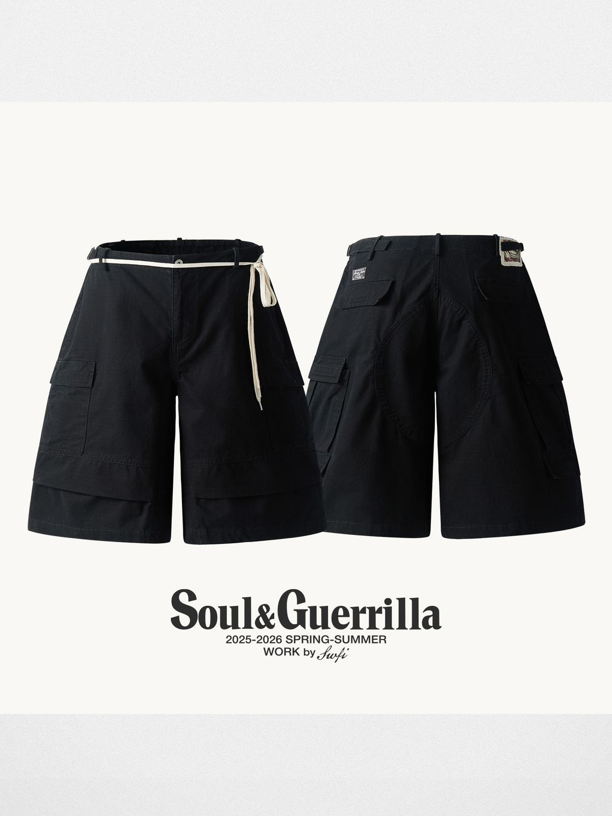 SWFI Distressed Wide Leg Cargo Shorts in Black
