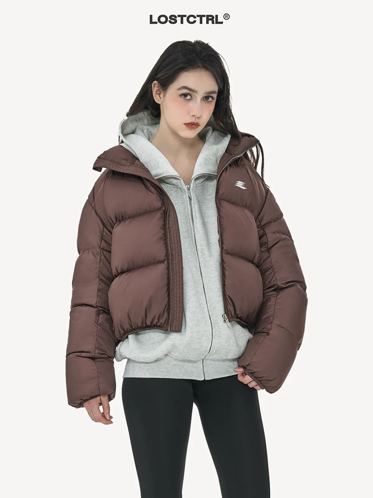 LOSTCTRL Cropped Down Puffer Jacket in Brown - On Model