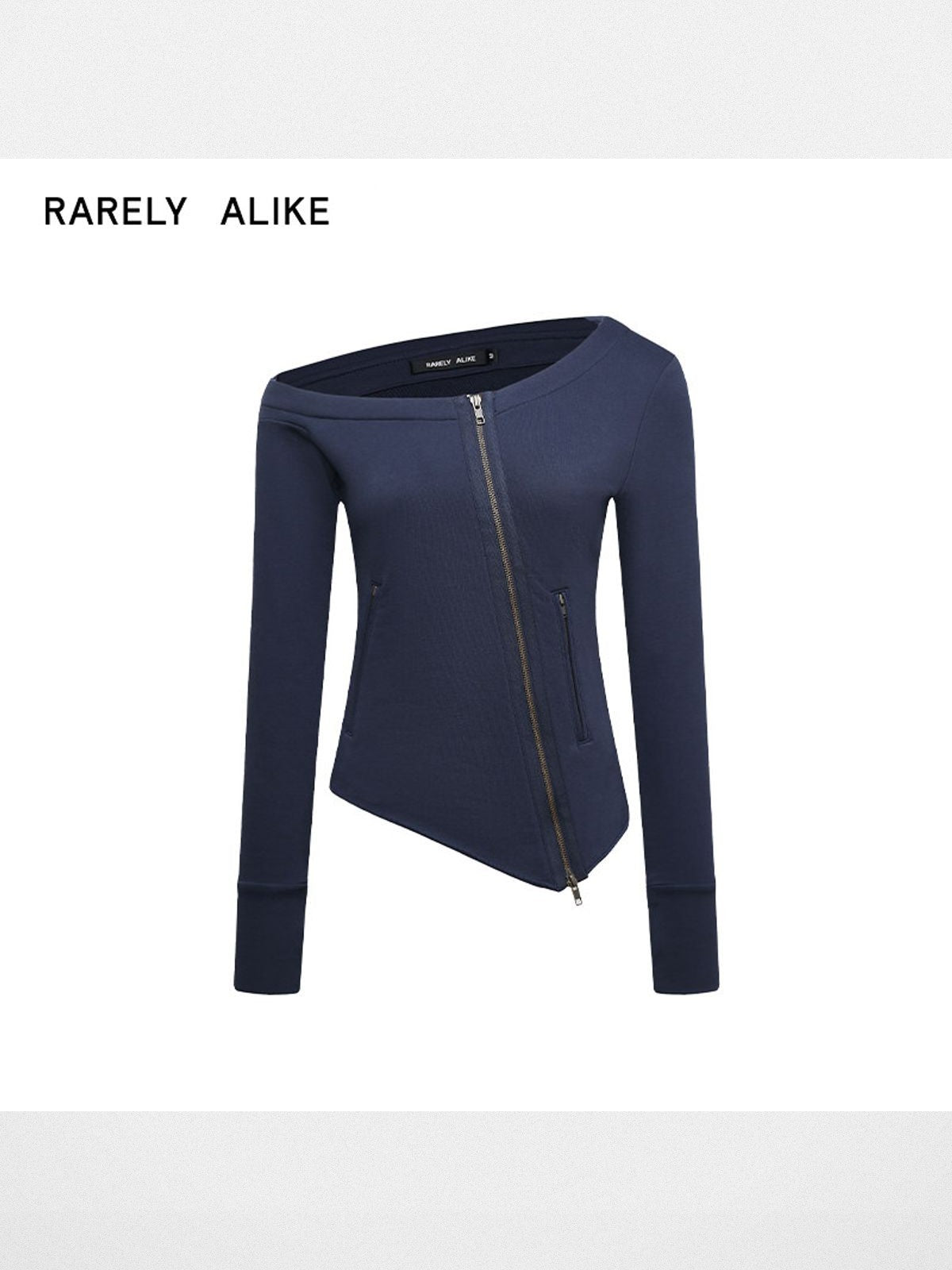 RARELY ALIKE Asymmetrical Zip Up Sweatshirt in Navy Blue