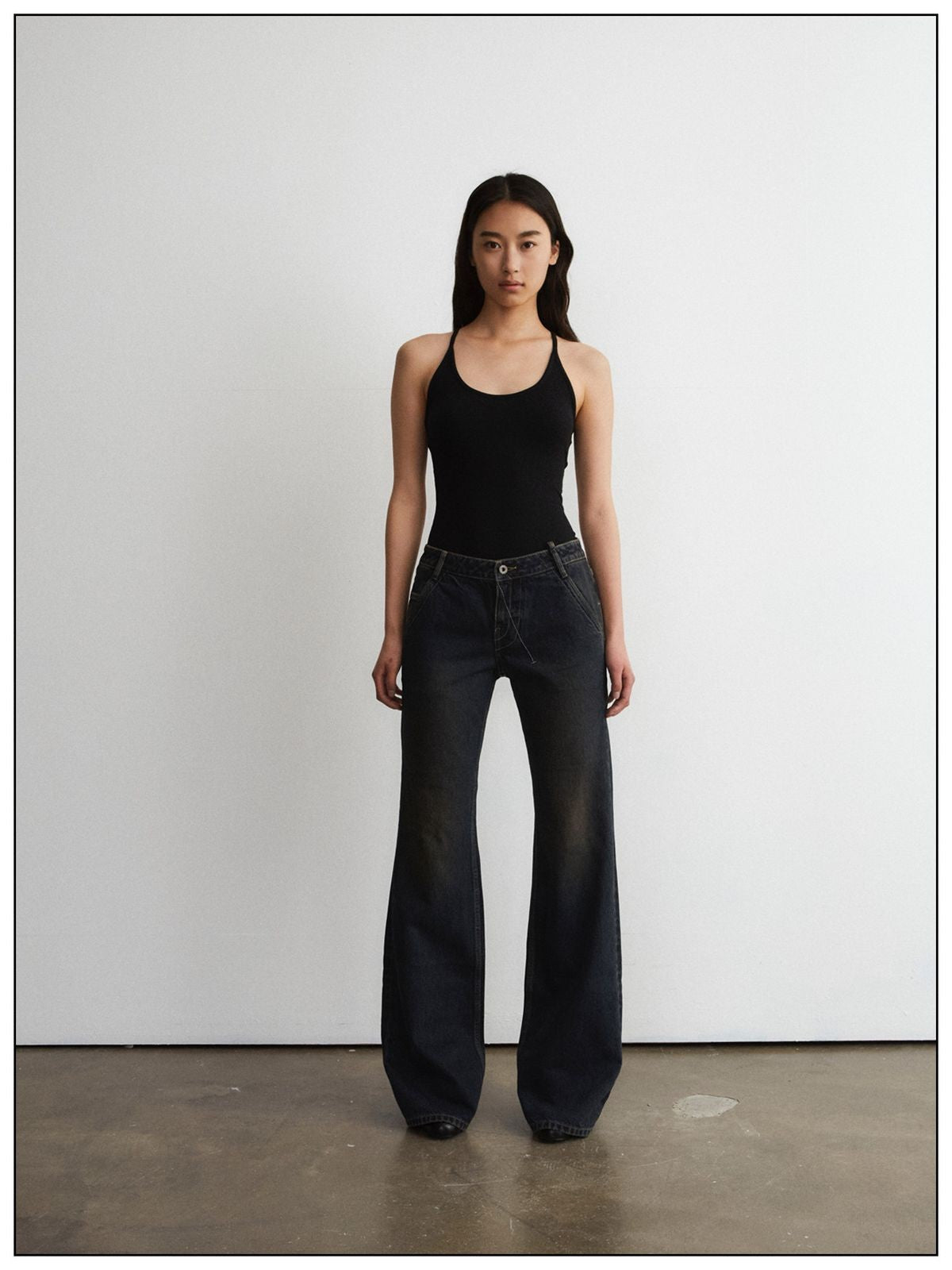 FaxCopyExpress Distressed Slim Flare Jeans in Black - On Model