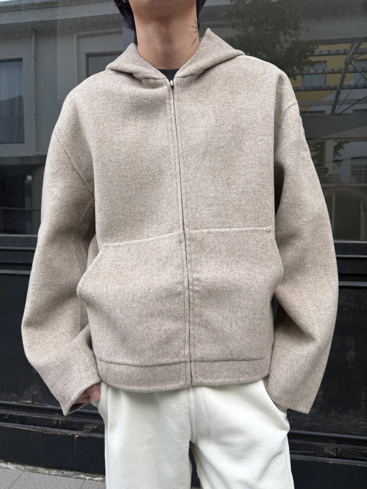 TRIANGLE PROJECT Double Faced Wool Cashmere Hoodie in Oatmeal - On Model