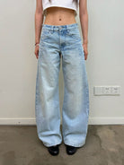 NeverSeez Washed Embroidered Wide Leg Jeans in Blue - On Model