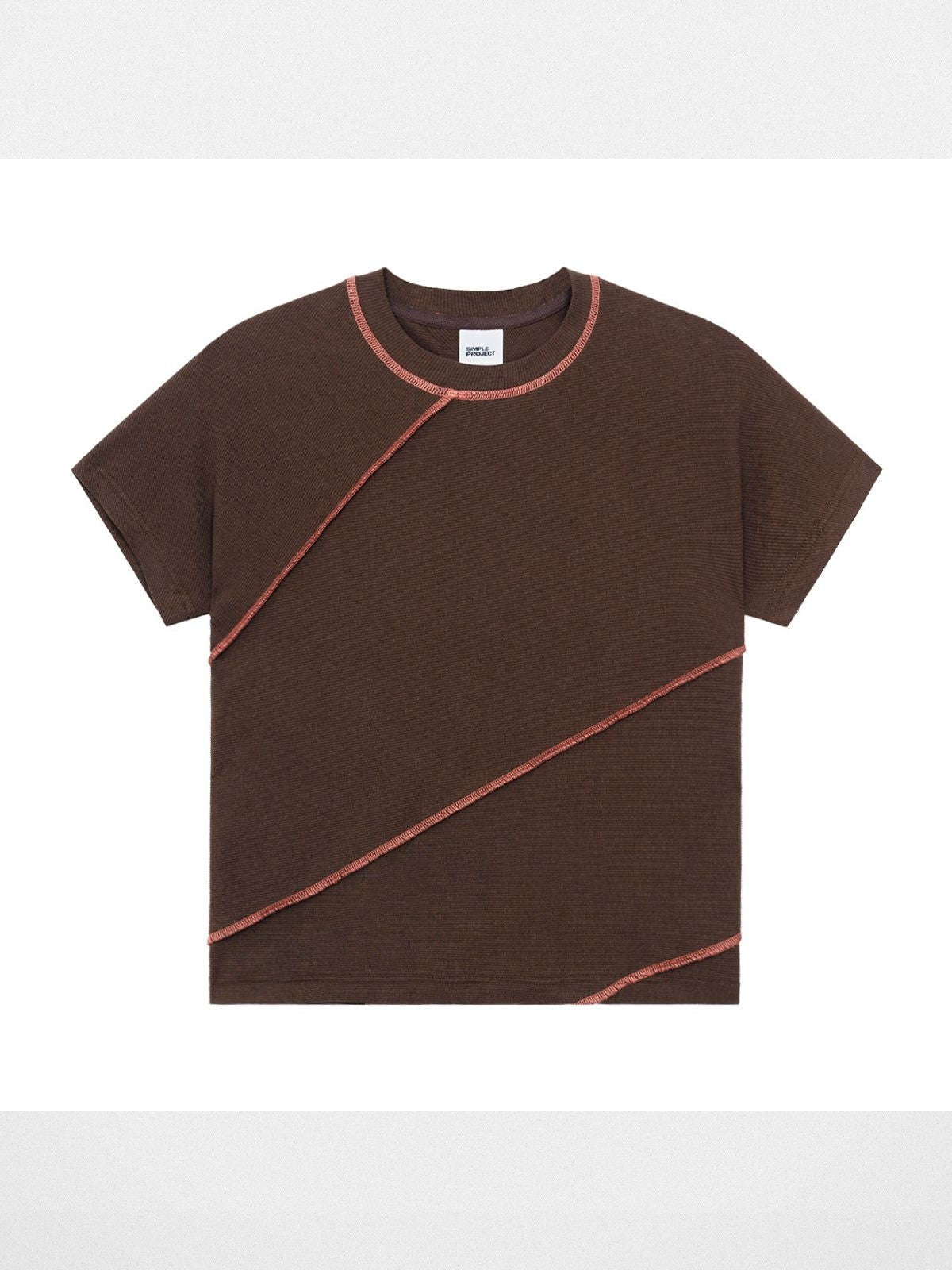 Simple Project Spiral Contrast Stitch Ribbed Tee in Brown