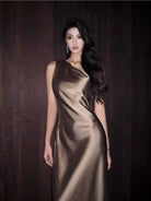 1S STUDIO One Shoulder Acetate Satin Dress in Gray - On Model