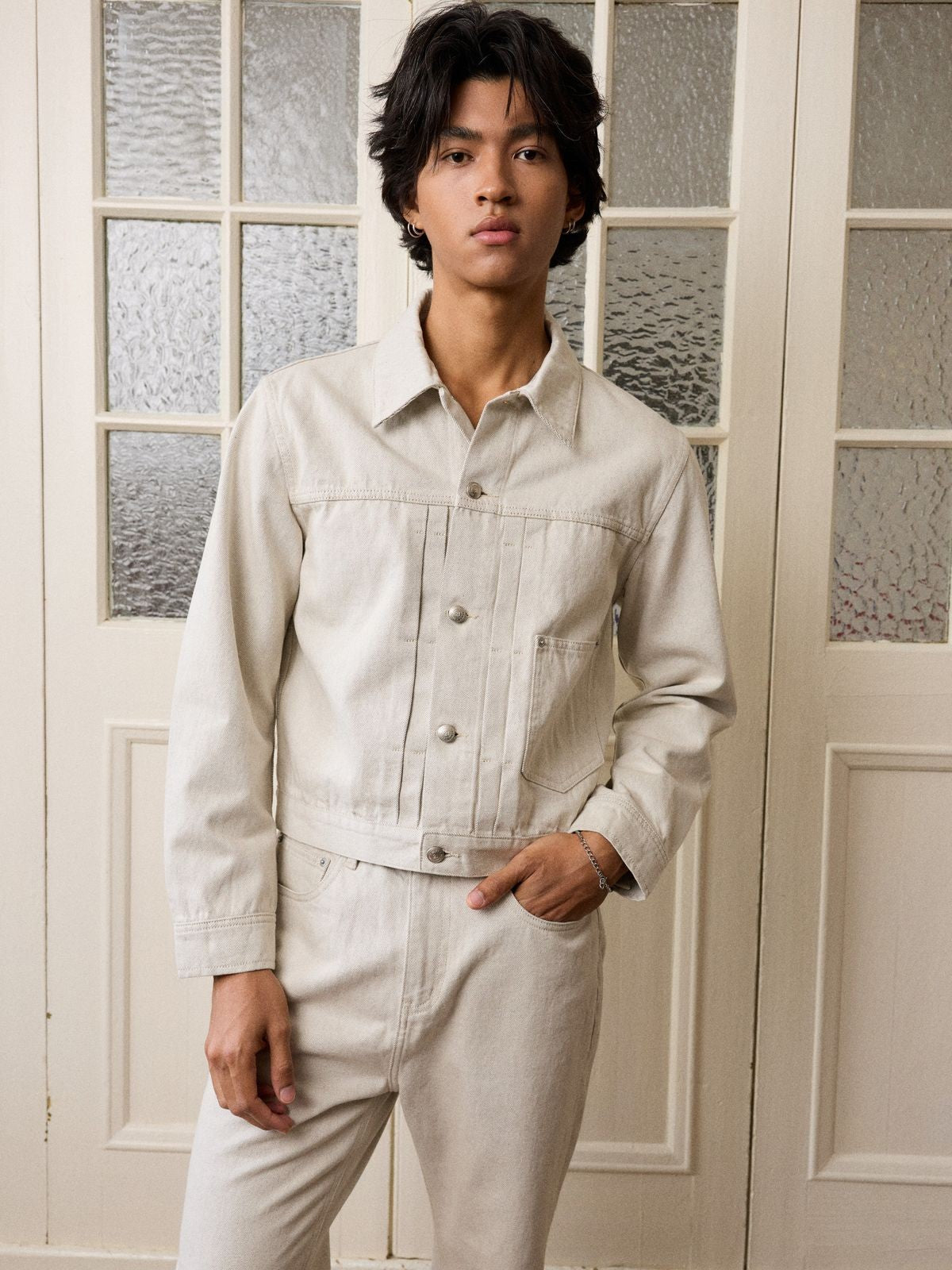 Retro 21 Khaki Type 1 Denim Jacket in Khaki - On Model