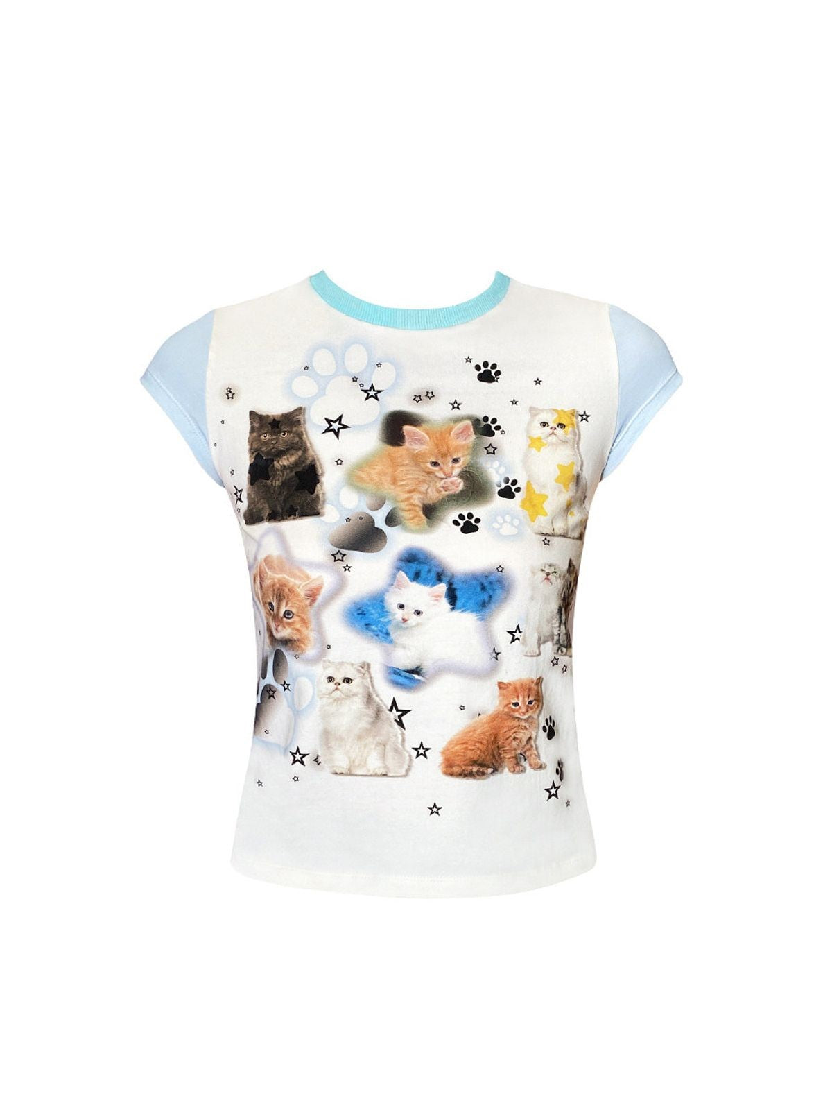 CFIERCE Cat Print Contrast Sleeve Tee in White