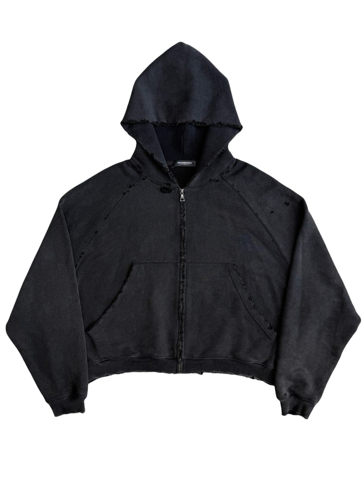 UNKNOWNWORLD Distressed Washed Zip Up Hoodie in Black