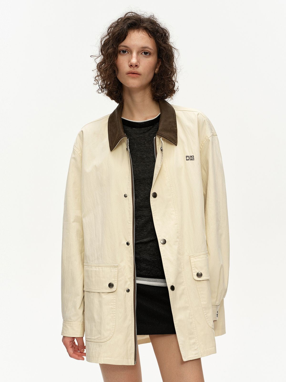 PUKI Contrast Collar Barn Jacket in Khaki - On Model
