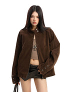 BIGGOLD STUDIO Suede Stand Collar Harrington Jacket in Brown - On Model #color_brown