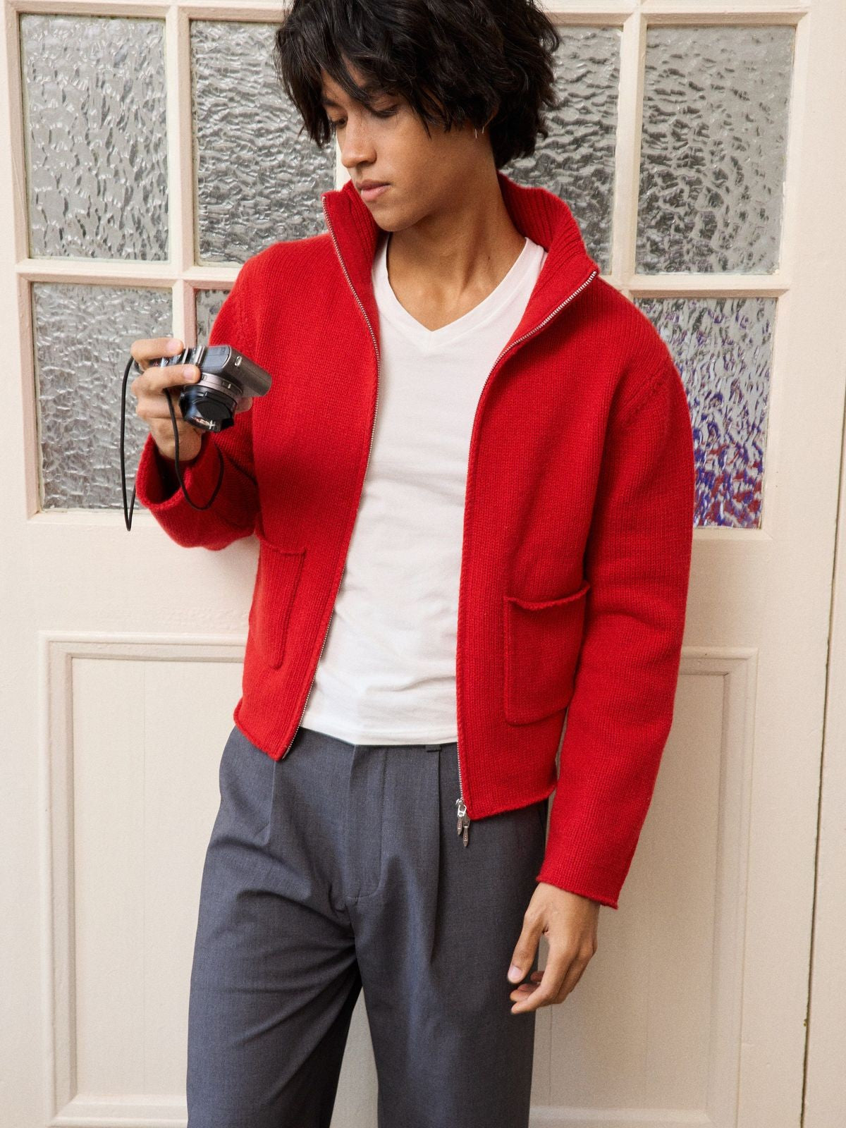 Retro 21 Red Wool Blend Double Zip Cardigan in Red - On Model