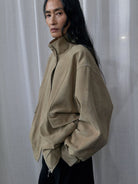 RandomPiece Lambskin Suede Stand Collar Jacket in Khaki - On Model