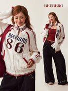 Beer Bro Varsity Patch Zip Up Cardigan in Off-White - On Model