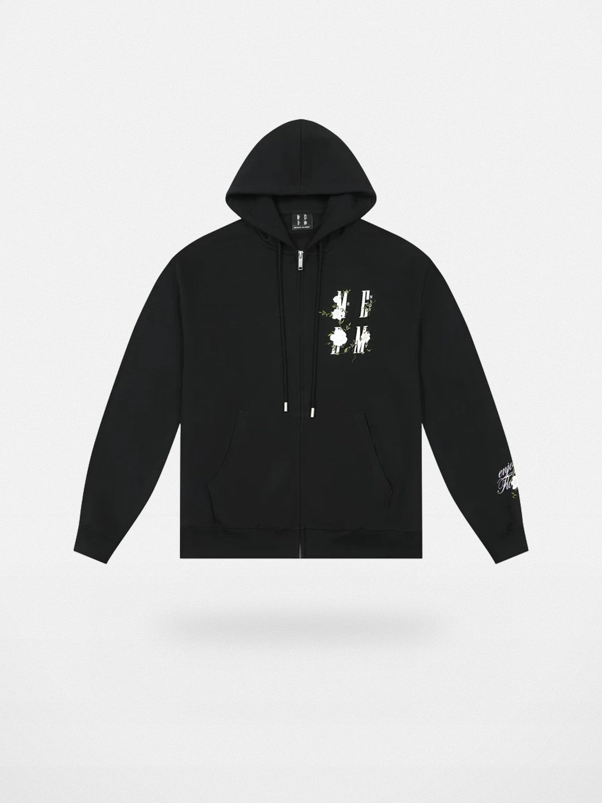 MEDM Camellia Embroidered Zip Hoodie in Black