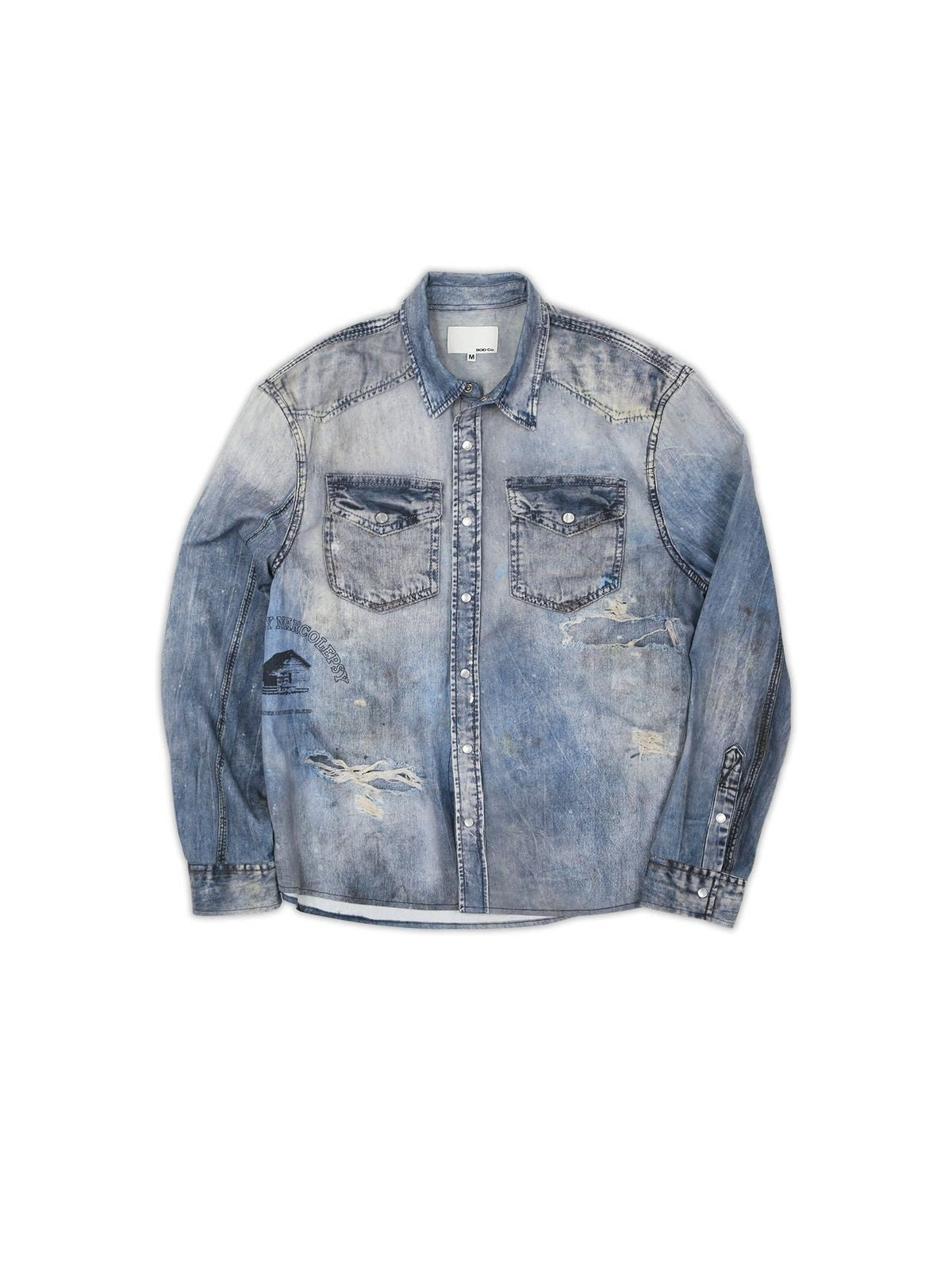 SOD Co. Distressed Ink Splatter Denim Shirt in Blue