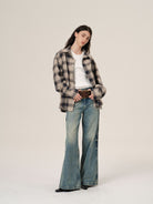 Retro 21 Japanese Flannel Raw Hem Plaid Shirt in Khaki - On Female Model