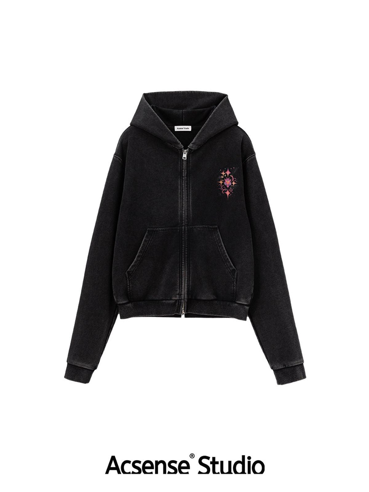 ACSENSE STUDIO Rhinestone Logo Zip Up Hoodie in Black