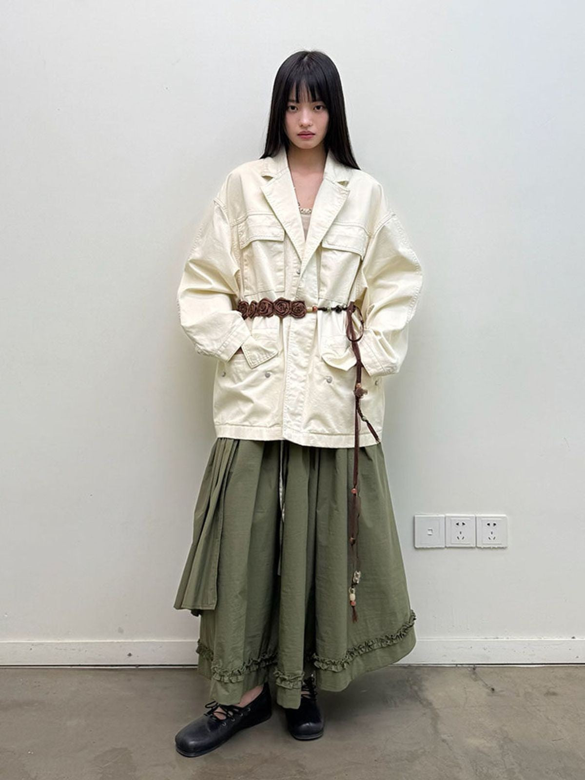 NeverSeez Washed Cotton Workwear Jacket in White - On Female Model