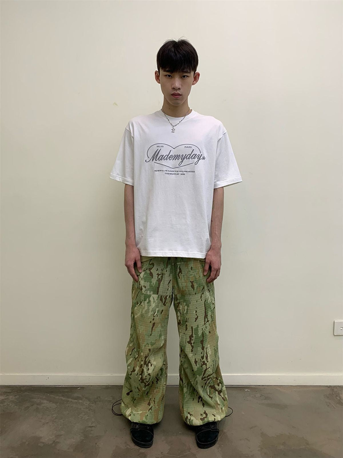 NeverSeez Love Flower Shop Embroidered Tee in White - On Male Model