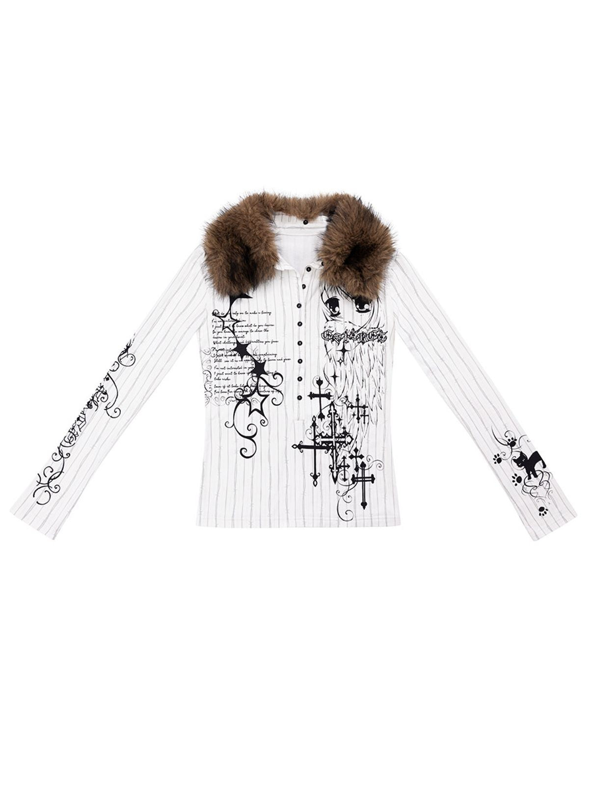 CFIERCE Fur Collar Graphic Long Sleeve Polo in White