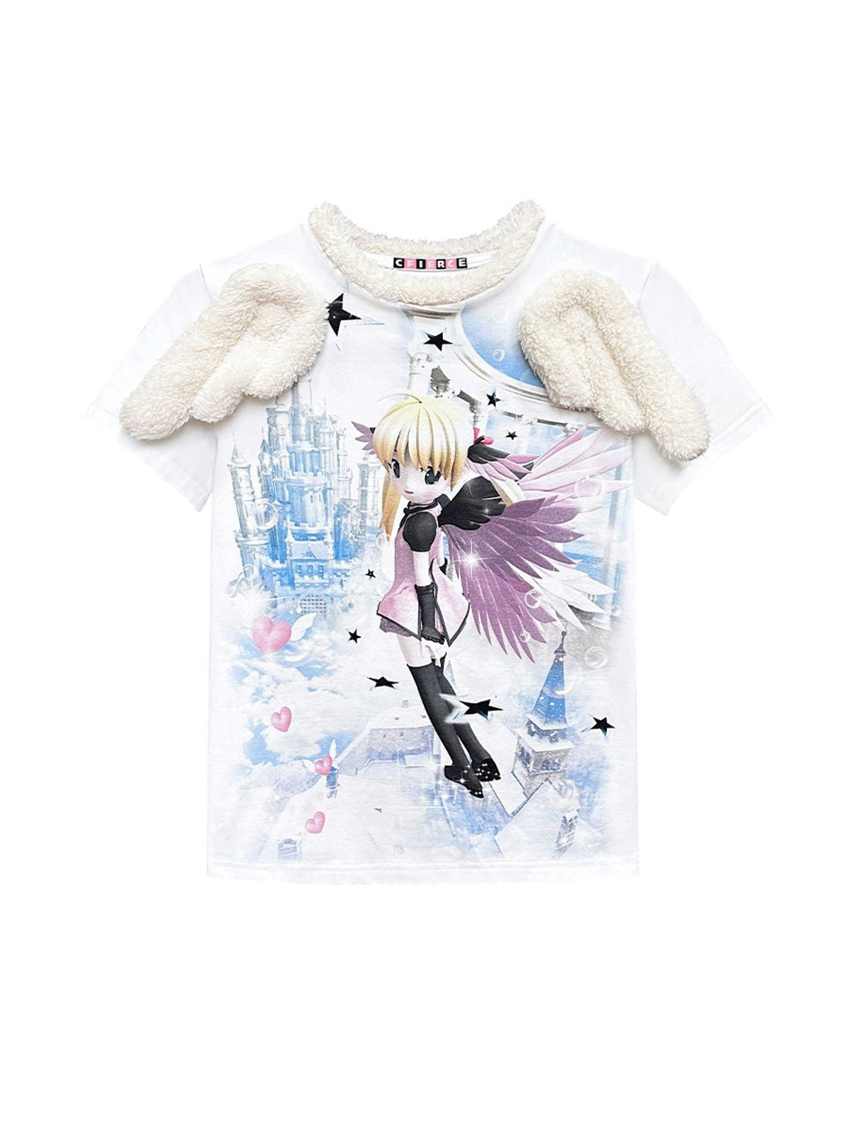 CFIERCE Angel Print Plush Wing T Shirt in White