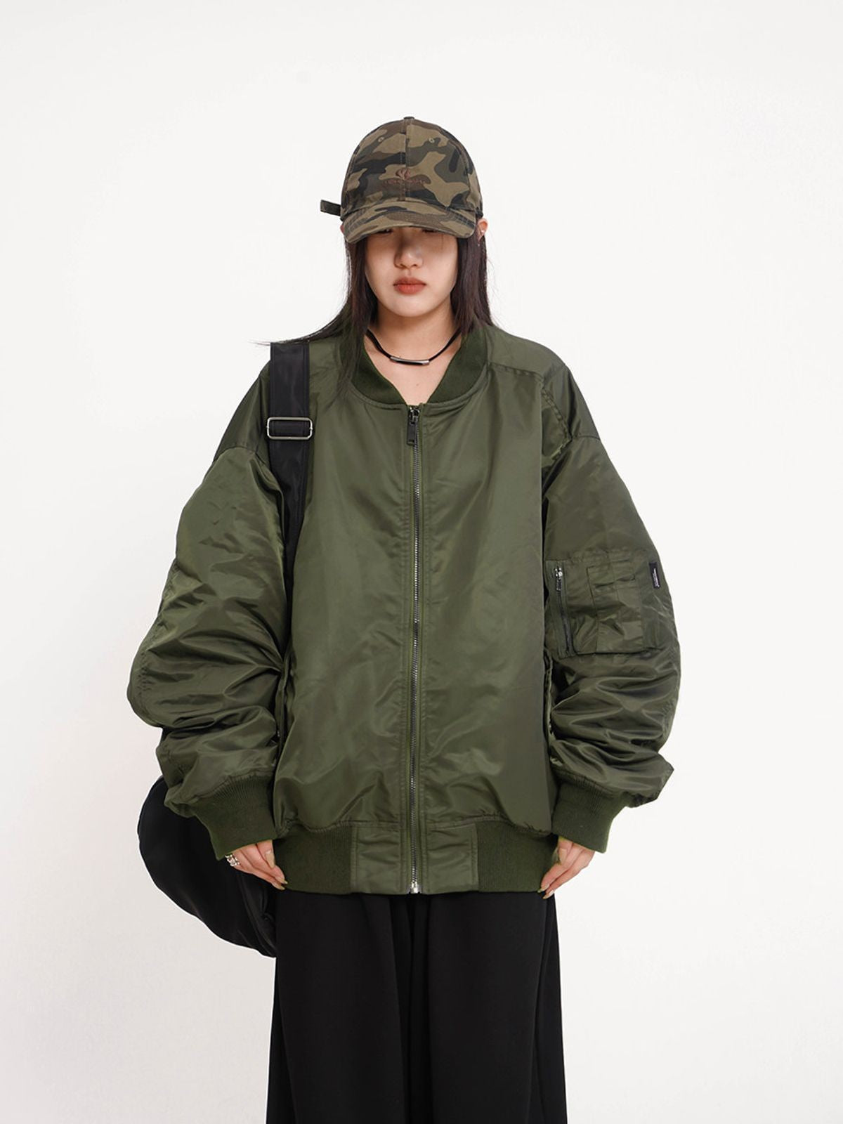 THELIGHT OFFICIAL Oversized Nylon Bomber Jacket in Olive - On Model