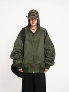 THELIGHT OFFICIAL Oversized Nylon Bomber Jacket in Olive - On Model