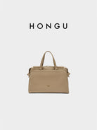 HONGU Leather Commuter Top Handle Bag in Beige