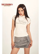 BeerBro Studded Graphic Mock Neck Tee in White - On Model